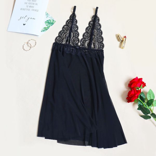 

popular women's interest underwear black women's temptation deep v sling nightdress lace mesh transparent dress women, Black;red