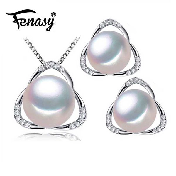 

fenasy 925 sterling silver jewelry sets natural pearl stud earrings custom geometric pendant chain necklace for women, Black