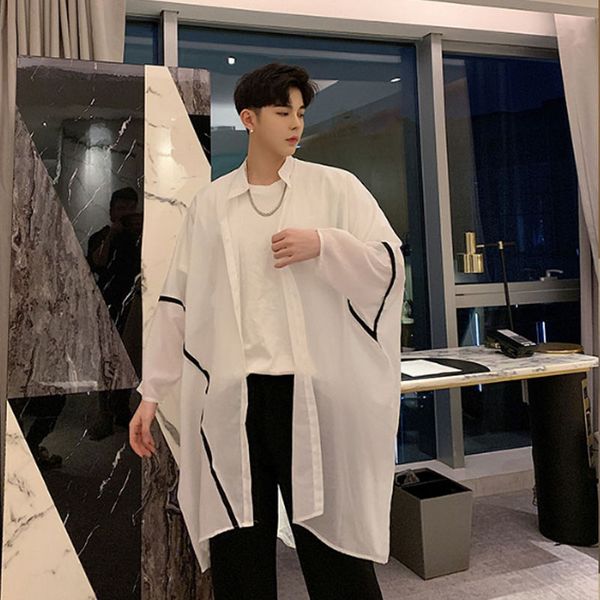 

men oversize loose bat long sleeve casual cardigan long shirts male streetwear hip hop white shirt translucent sunscreen coat, White;black
