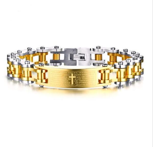 

12mm 9'' gold silver stainless steel bicycle chain cross id bracelet mens fashion gift br-533, Golden;silver