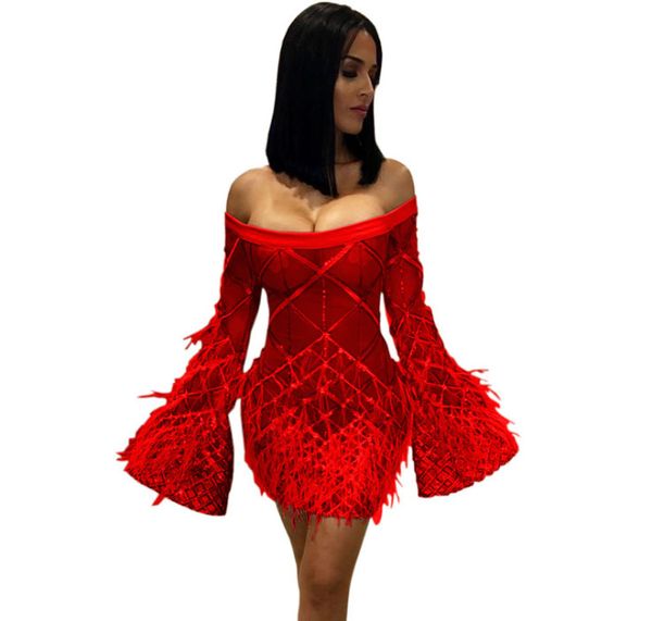 

sequins with feather dress off the shoulder fashion long sleeve clubwear celebrity women bodycon night out autumn dress ing, White;black