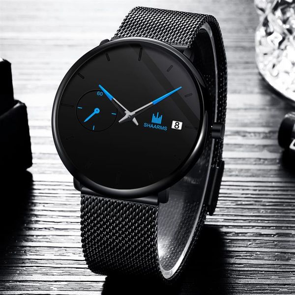 

shaarms new arrival minimalism watch black mesh band stainless steel quartz wristwatch male man fashion business watches sa6119, Slivery;brown