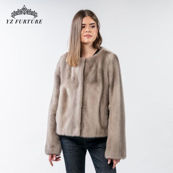 

yz furture full pelt natural real coat round collar long sleeve real fur coat women winter warm fur jacket, Black