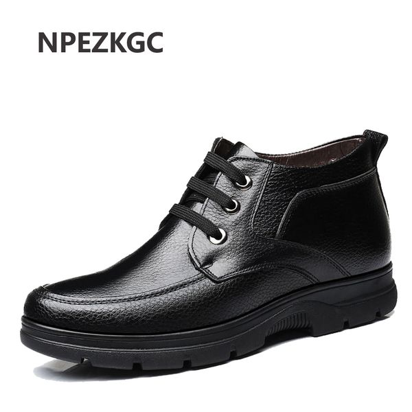 

new 2018 man genuine leather boots winter leather snow shoes wool inner anti slip father ankle boots 38-48 man snow, Black