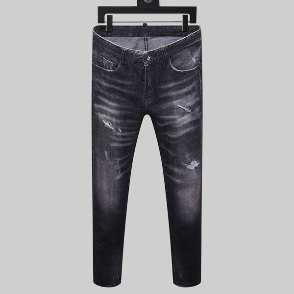 

2020 new tide brand knee hole patch jeans slim feet micro stretch personality jeans mens designer fashion jeans pour hommes, Blue