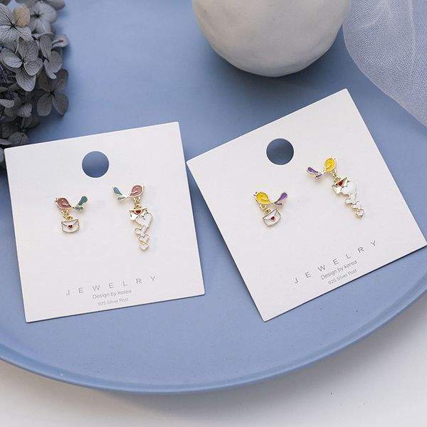 

korean style cute bird heart shape funny earrings colorful metal animal letter long drop earring for women ladies party jewelry, Silver