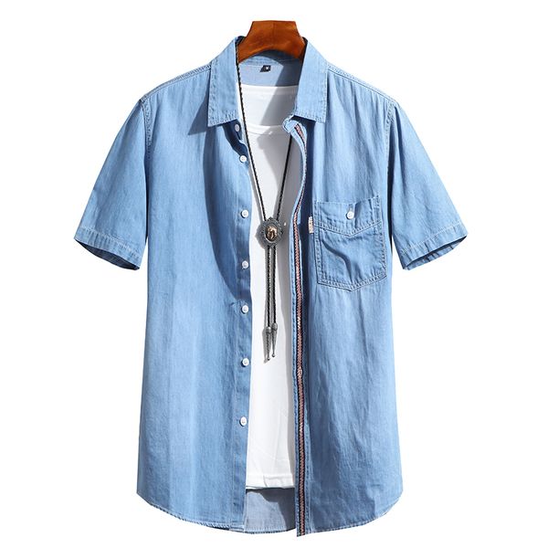 

2020 men denim shirts summer mens short sleeve jean shirts cowboy wash slim fit denim blouse man social chemise masculino, White;black