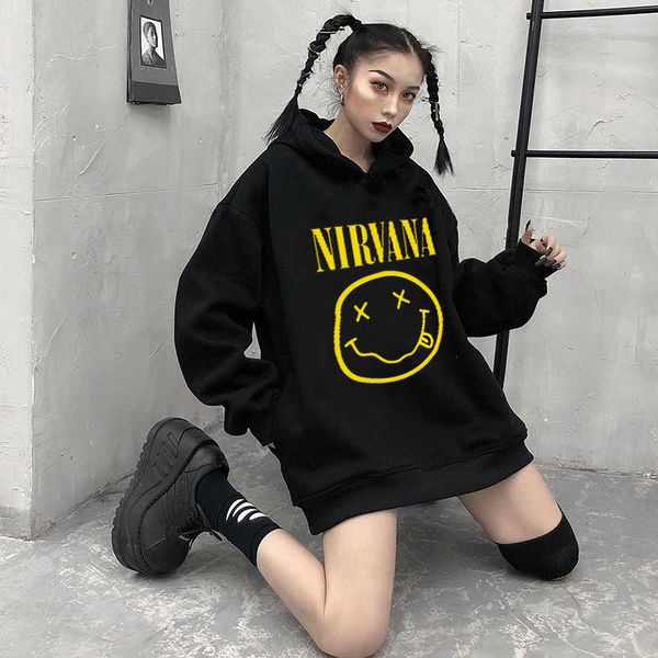 

nirvana hoodies women hooded simple all-match leisure oversize pullovers korean style warm kawaii loose streetwear sweatshirts, Black