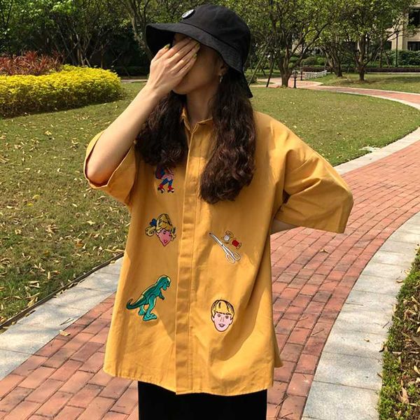 

harajuku мультфильм рубашка летняя шифоновая рубашка женщина милый динозавр медведь вышивка свободный с коротким рукавом блузка негабарит, White