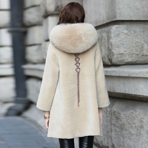 

sheepskin shearling coat women style full sleeve fur hooded long overcoat chic elegant covered button real fur jacket, Black