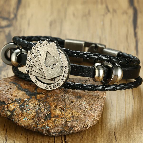 

lucky vintage men's leather bracelet playing cards raja vegas charm multilayer braided women pulseira masculina 7.87", Golden;silver