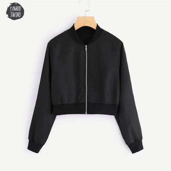 

black jacket solid zip up front bomber autumn women casual stand collar regular new design ladies plain crop clothing coat, Black;brown