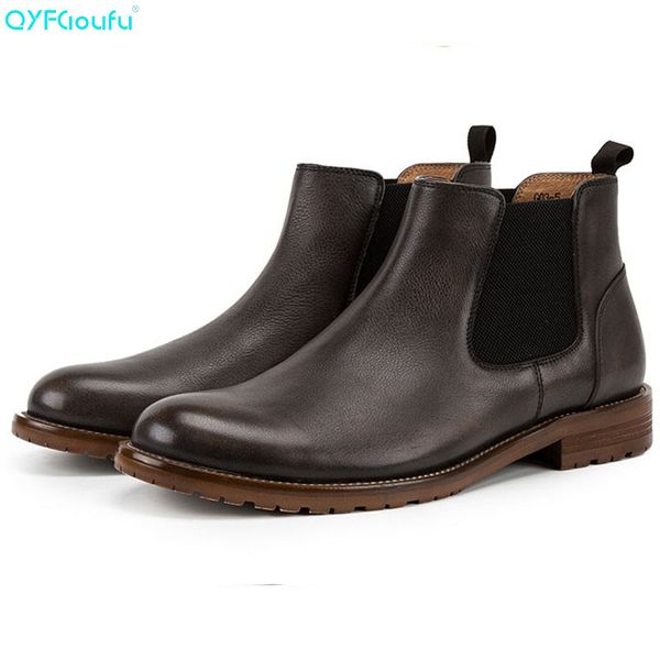 

qyfcioufu new spring autumn men boots genuine leather ankle boots outdoor slip-on male shoes, Black