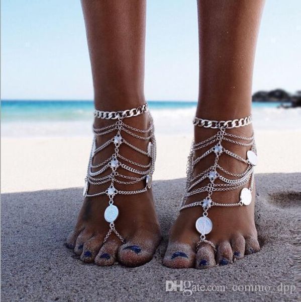 

new punk heavy metal anklets women coins multilayer tassel beach foot chains anklet for women fashion jewelry accessories, Red;blue