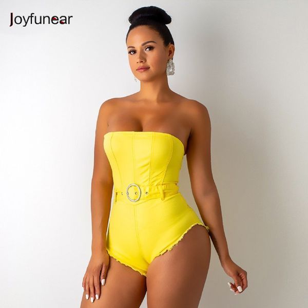 Joyfunear Yaz Seksi Denim Bodycon Bodysuit Sarı Sashes Kadın Playsuits Moda Mavi Parti Tulum Kadın Romper Clubwear