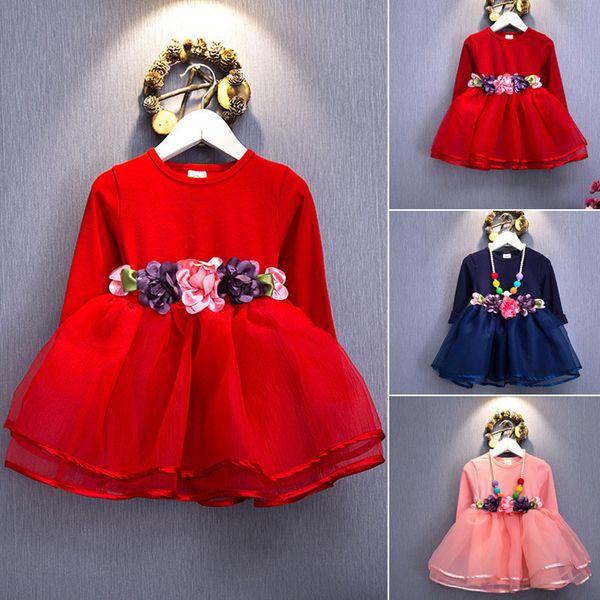 

new fashion cute stitching dress2019 pure cotton long sleeve female baby cartoon print mini dress, Red;yellow