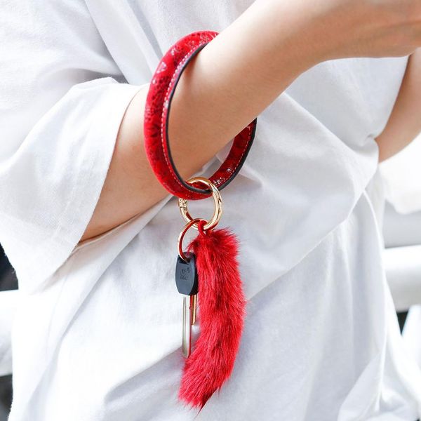 

цветочные печати искусственной кожи меха большой круг wristlet брелок браслет брелок, Silver