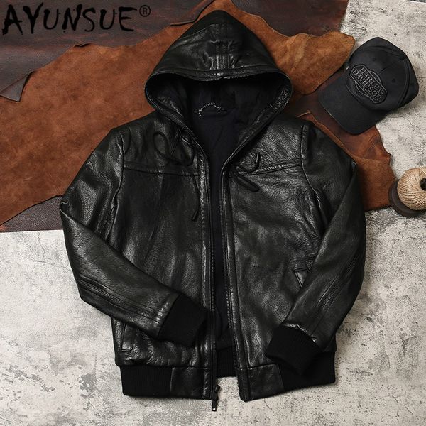 

ayunsue genuine leather jacket men sheepskin coat hooded autumn winter vintage bubble leather jackets for men 2020 lmpp kj4971, Black