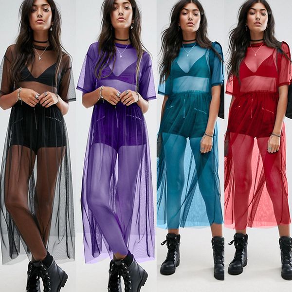 

hirigin 2019 t shirt women black gauze mesh sheer long shirts casual loose t-shirts transparent, White