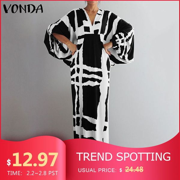 

вонда vintage длинные платья макси 2019 осень sexy v шеи длинным рукавом printed платья femme сыпучие sundress вскользь bohemian vestidos, Black;pink