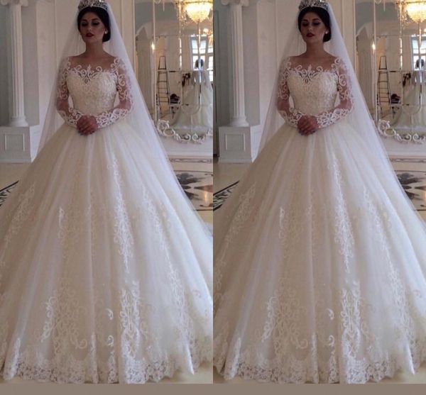 

2019 arabic glamorous bateau long sleeves princess wedding dress long custom made full lace princess bridal gowns sweep train, White
