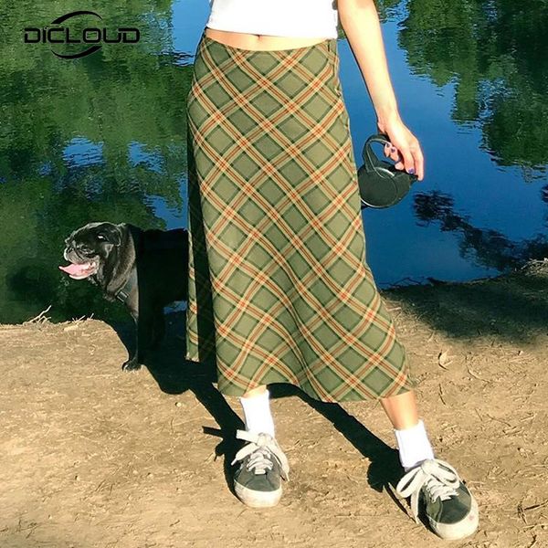 

90s vintage retro plaid maxi skirts women harajuku old school style girls high waist long skirt street fashion a line jupe femme, Black