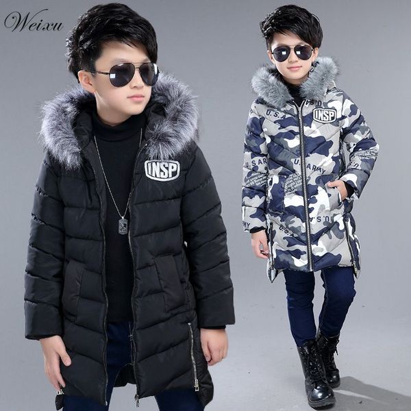 

kids boy winter jackets fur hooded camouflage long thick warm snow coat children's parka clothes for teen boys 8 12 15 years old, Blue;gray