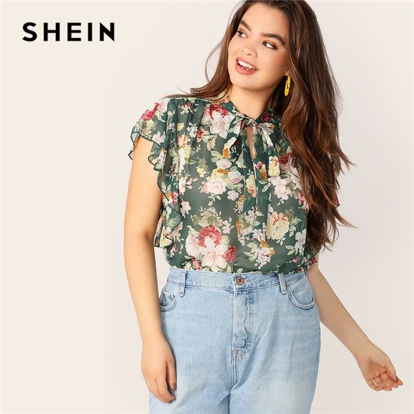 

shein plus size bohemian tie neck flutter sleeve floral print women blouse summer casual bow lace up stand collar ladies, White
