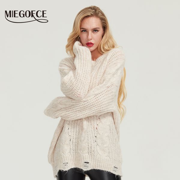 

women's sweaters miegofce 2021 hollow out plus dimensionless v-neck pullover solid color loose lantern sleeve autumn knitted female, White;black