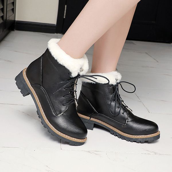 

2019 fashion women's boots pure color round toe lace-up solid boots chunky heels vintage women bottes femme cuir veritable, Black