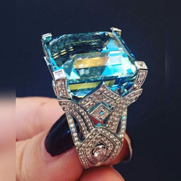

роскошный квадратный голубой огранки циркон обручальные кольца для женщин полые серебряный блестящий кристалл обещание обручальные кольца юв, Golden;silver