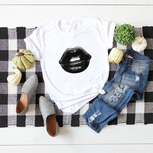 

design women's t-shirt fashion summer new short-sleeved cotton t-shirt women's lips size s-5xl, White