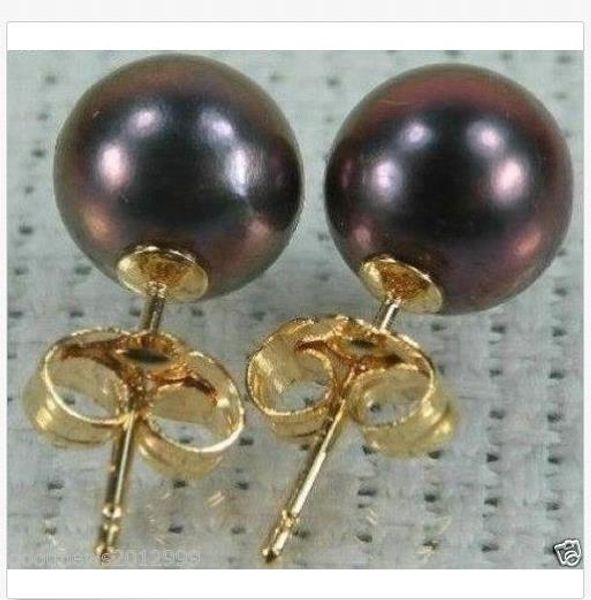 

14k solid gold marked round 9-10mm perfect tahitian black pearl earring, Golden;silver