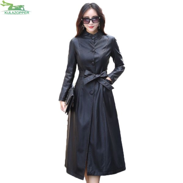 

m-5xl women leather trench long coat autumn new pu leather outwear spliced sashes solid slim plus size coat qw581, Black