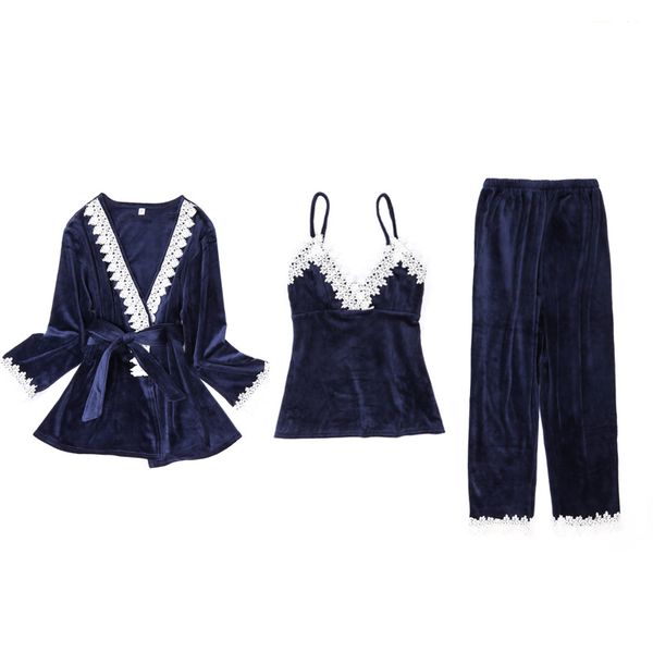 

3 pieces women pajamas set winter warm velvet bathrobe pants sleepwear pajamas sets autumn robe home clothes, Black;red