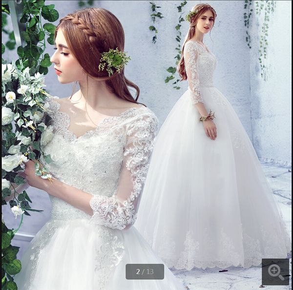

2019 white lace appliques ball gown wedding dress v neckline 3/4 sleeve modest beaded sequins stylish bride dresses sale