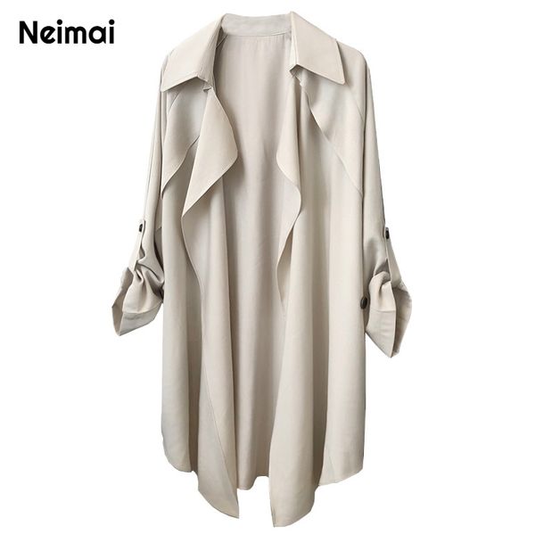 

autumn winter 2019 new casual england style trench coat turn down collar full sleeve belt a line long clothes women black white, Tan;black