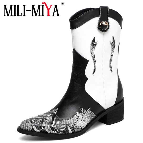 

mili-miya western autumn boots genuine leather mid calf cowboy pointed toe boots for women motocycle middle heels shoes, Black