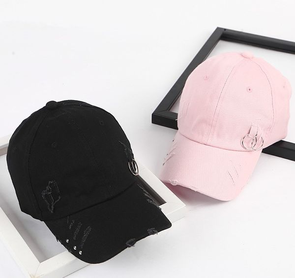

korean personality iron ring tide cap retro do old design broken hole baseball cap female leisure bend along hip hop cap spring and autumn, Blue;gray