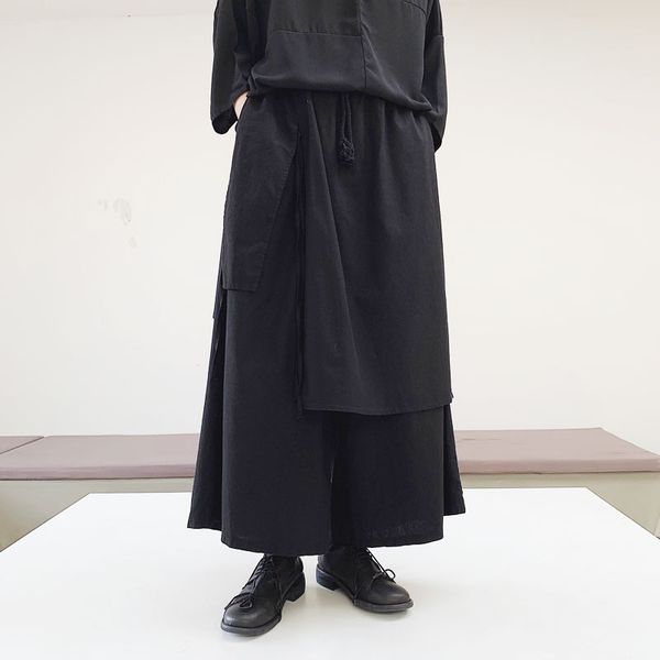 

men causal wide leg skirt pants male streetwear punk gothic hip hop harem trousers black cotton linen japan style kimono pant