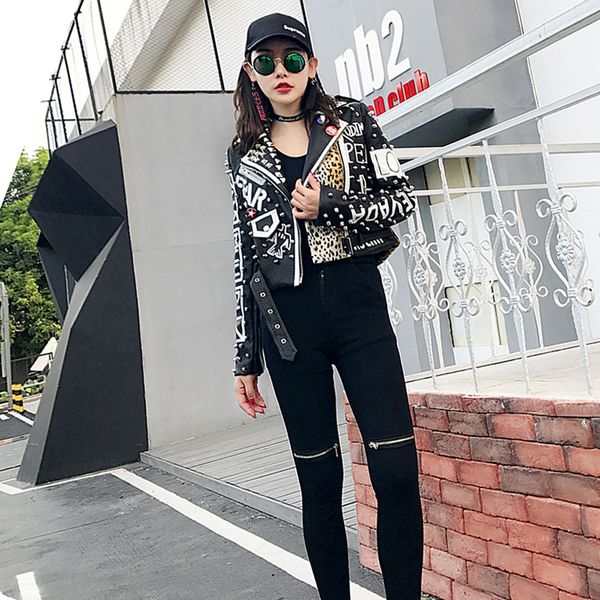 

women leopard leather jacket hip rivet letter print short locomotive pu leather coat for woman puck bomber jackets, Black;brown