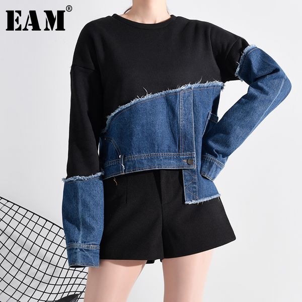 

eam] loose fit denim burr split asymmetrical sweatshirt new round neck long sleeve women big size fashion spring 2020 1m87901, Black