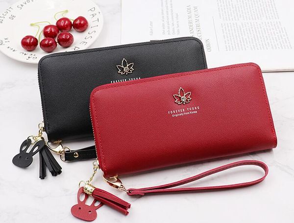 

women pu leave decoration multifunctional large capacity long card holder wallet, Red;black