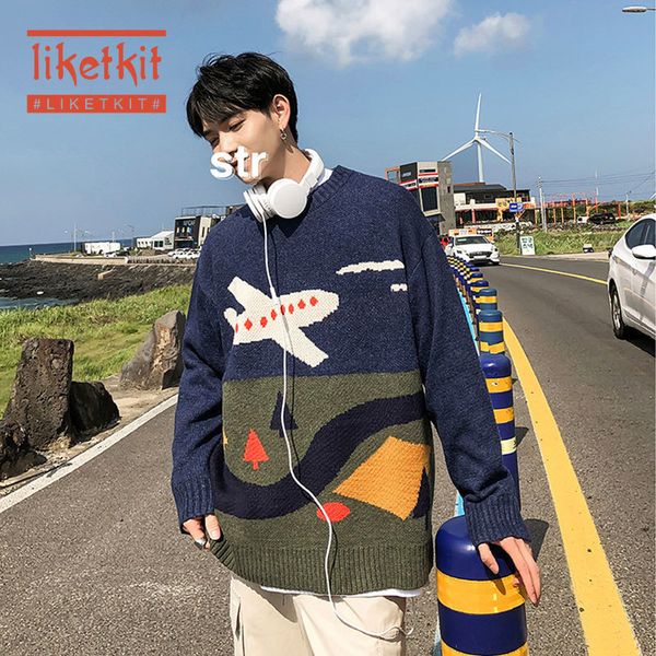 

liketikit mens o-neck sweaters streetwear spring 2020 new print funny vintage knitted pullovers male loose korean casual sweater, White;black