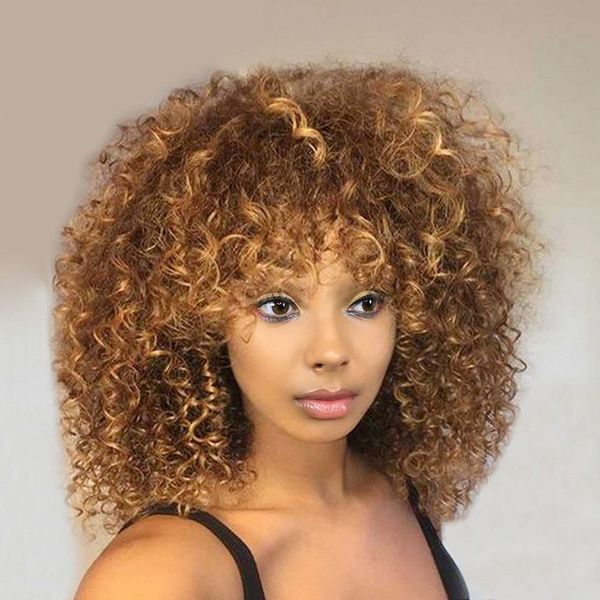 Perucas sintéticas venda simulação brasileira cabelo humano curto kinky encaracolado ombre peruca afro-americana loira peruca com franja calor sintético ristant