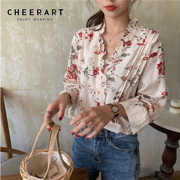 

cheerart korean floral blouse long sleeve ruffle v neck and blouses flower print casual ladies spring summer, White