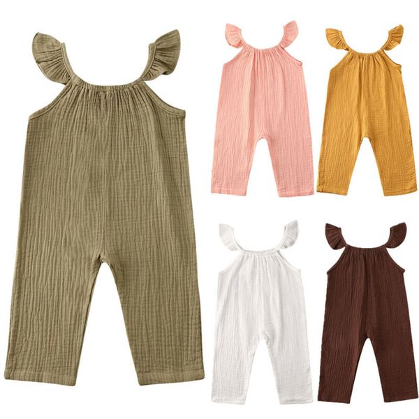 

baby summer clothing newborn baby girl ruffle sleeveless solid cotton linen jumpsuit sunsuit outfits clothes 0-3y, Blue