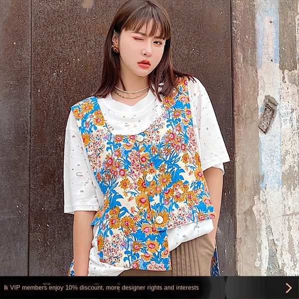 

m6096 niche design vest dress sense irregular small floral vest western style fake two-piece t-shirt women's dress, White