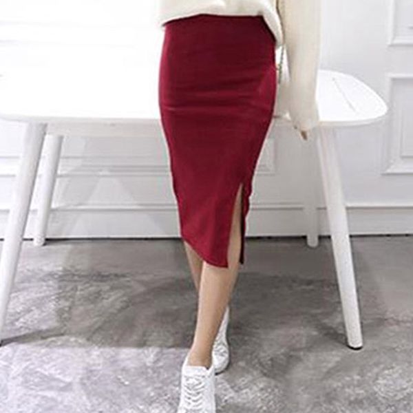 

midi long skirt for women pencil bodycon skirts women elegant casual side split office high waist spring skirt saia, Black