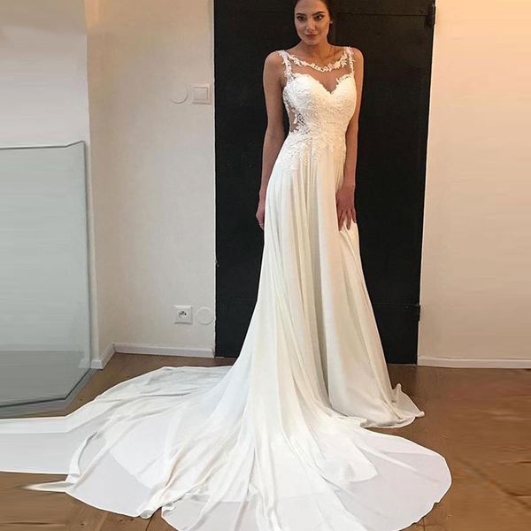 

simple chiffon wedding dresses lace appliqued beach princess bridal gowns plus size sleeve wedding party dress, White